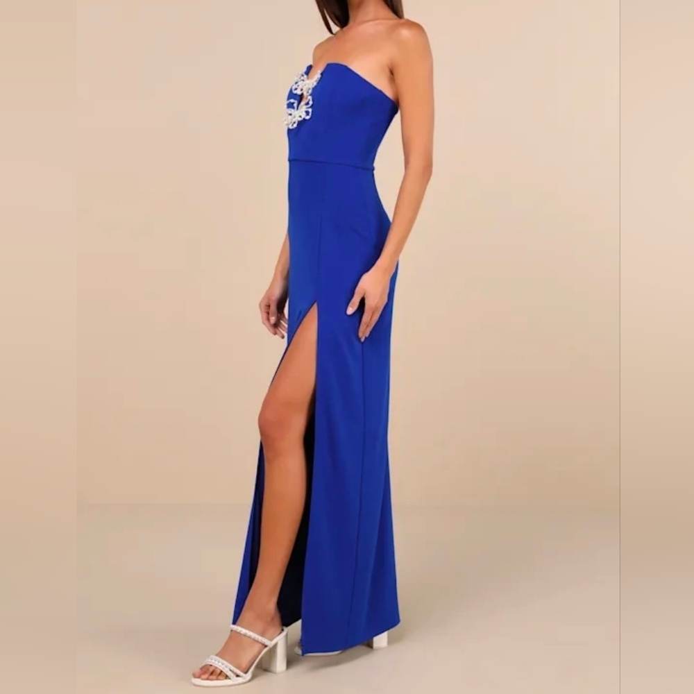 Lulus Striking Aura Royal Blue Pearl Strapless Mermaid Maxi Dress, Size XS - Picture 5 of 11